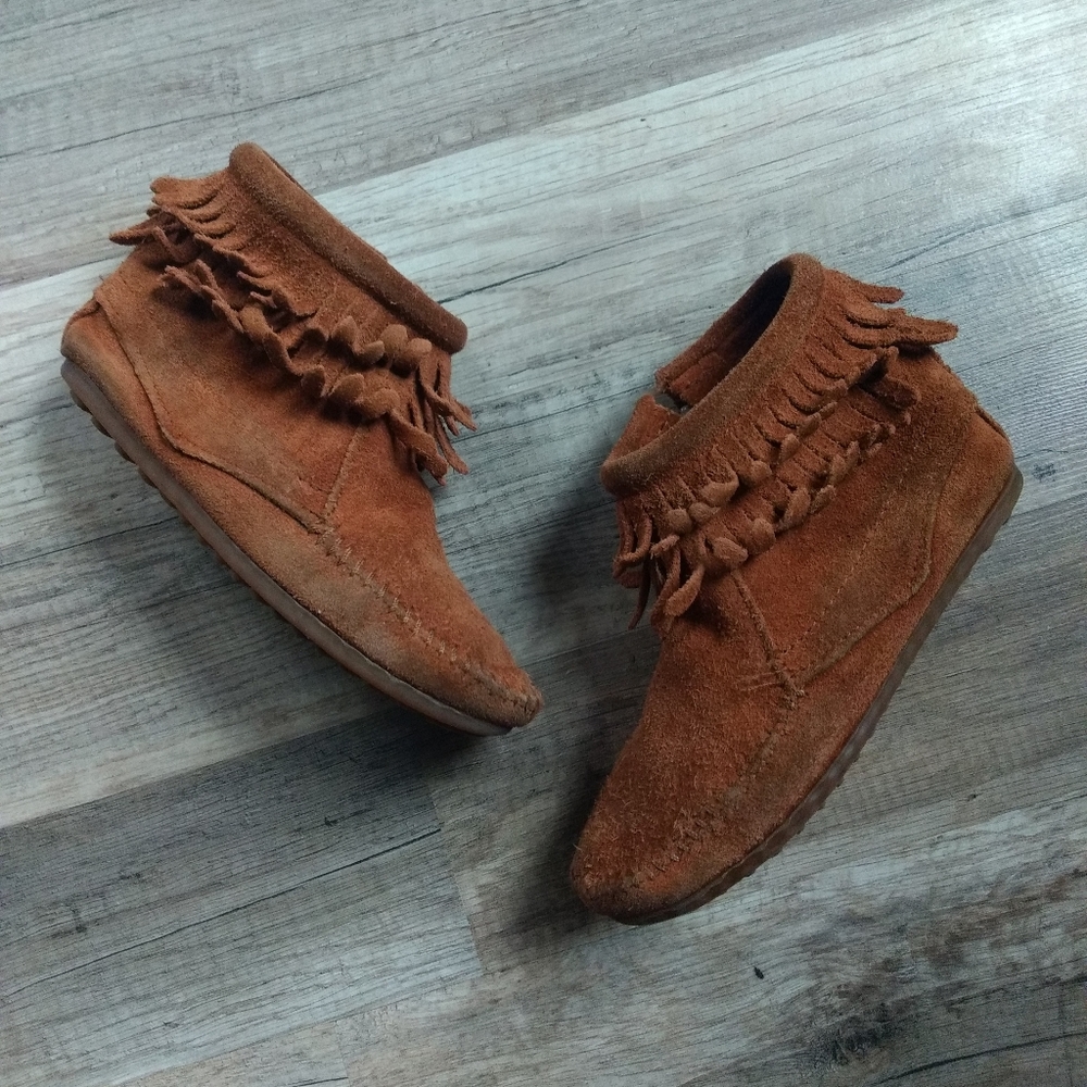 Kids Minnetonka Moccasin Size 12 Brown Suede Bootie Fringe Pull On Zip Up